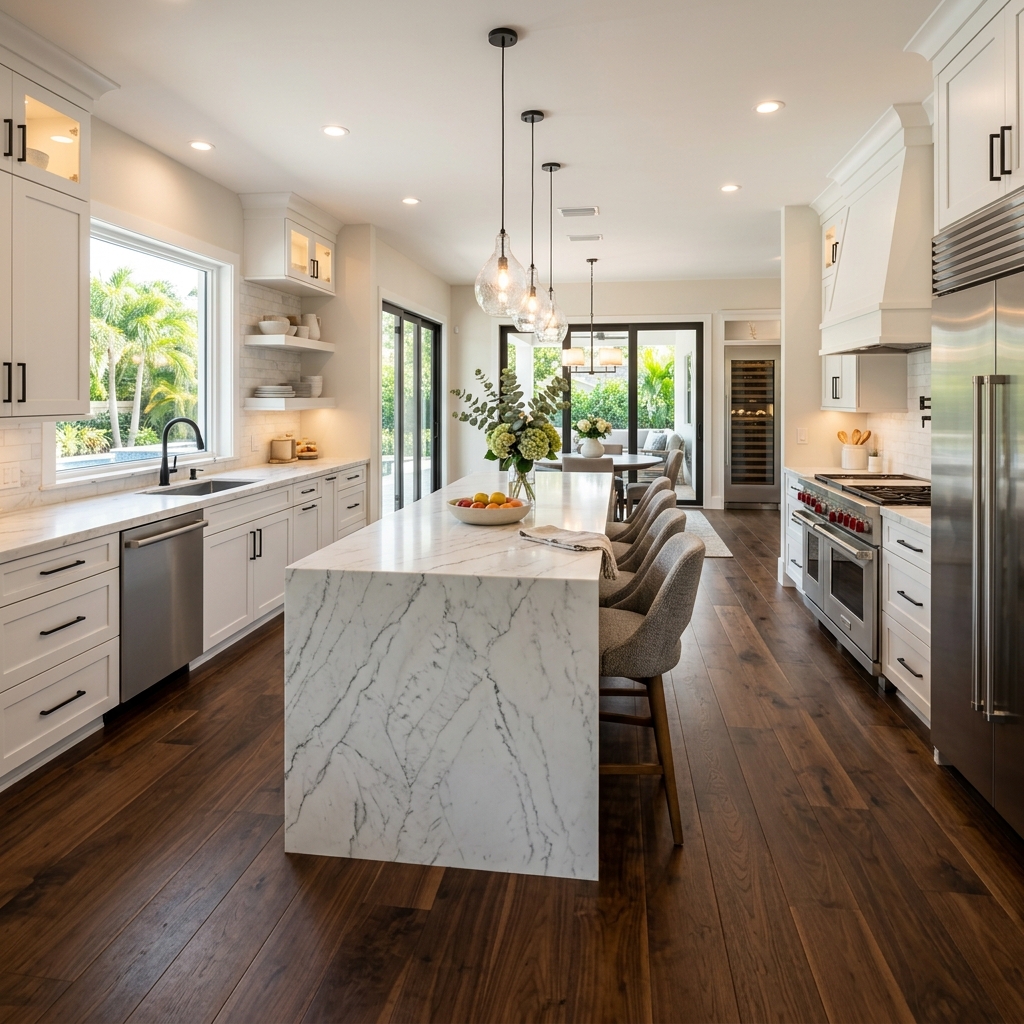 Luxury custom flooring installation with warm wood tones